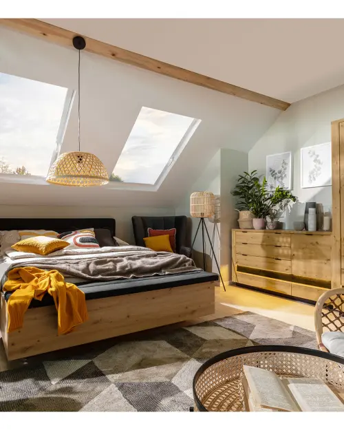 Cómoda Ostia 117 cm con 4 cajones y 2 estantes roble artisan/roble negro