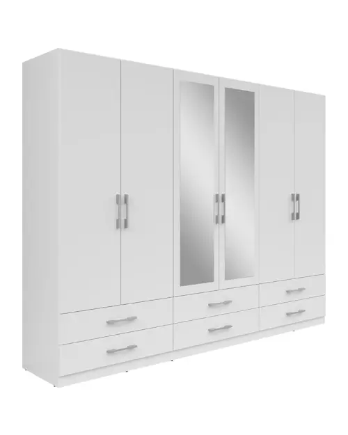 Шкаф шестидверный Herford 270 см с зеркалом и 6 ящиками белый