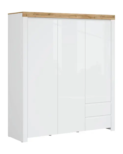Armario de tres puertas Holten 180 cm con cajones blanco brillo/roble wotan