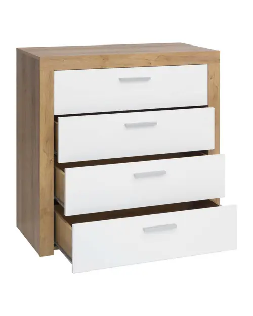 Cómoda Balder 90 cm con 4 cajones roble riviera/blanco brillo