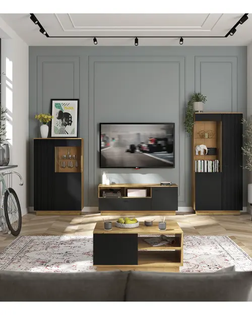 Estantería Zenda 117 cm con 2 puertas, cajón y 4 estantes roble waterford/negro