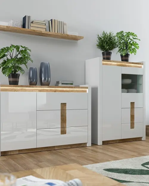 Cómoda Alameda 147 cm con puertas y 3 cajones roble westminster/blanco brillo