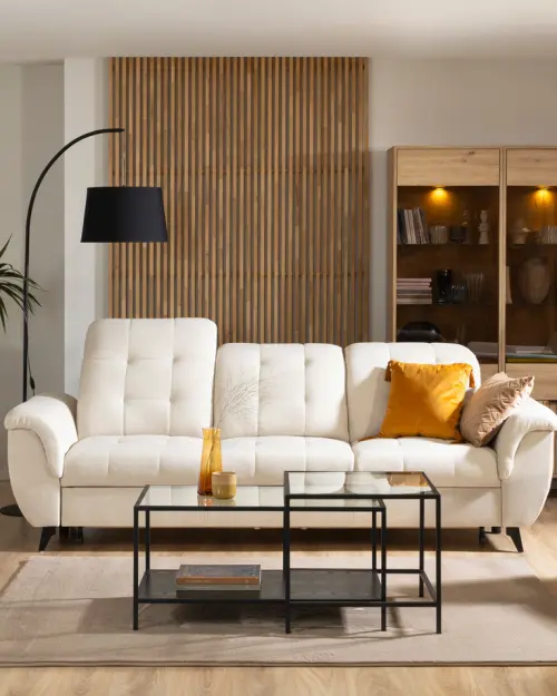 Sofá de tres plazas Doria convertible de terciopelo crema