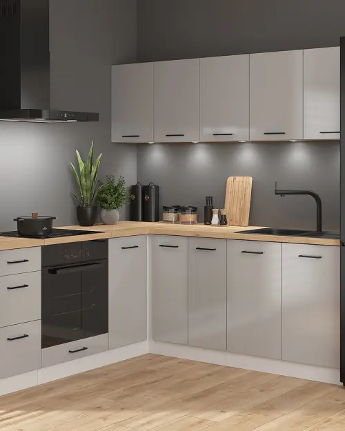 Conjunto de cocina rinconera Junona Line 200x200 gris claro brillo sin encimera