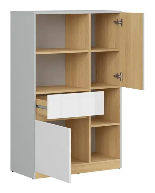 Cómoda Nandu 80 cm con 2 puertas 4 estantes y un cajón gris claro/roble polaco/blanco brillo
