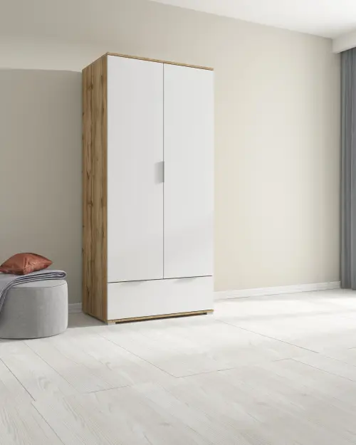 Armario de dos puertas Zele 90 cm con cajón roble wotan/blanco brillo