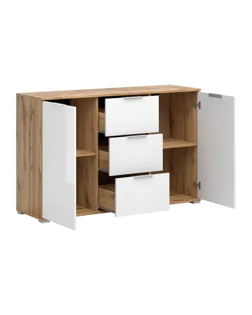 Cómoda Zele 135 cm con 2 puertas y 3 cajones roble wotan/blanco brillo