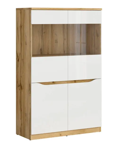 Vitrina Nuis 90 cm con 4 puertas roble wotan/blanco brillo
