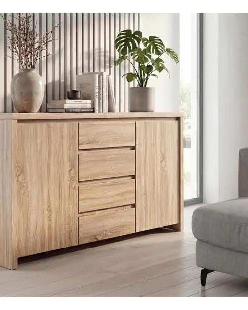 Cómoda Kaspian 144 cm con 2 puertas y 4 cajones roble sonoma