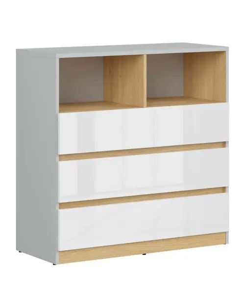Cómoda Nandu 90 cm con 3 cajones y 2 estantes gris claro/roble polaco/blanco brillo