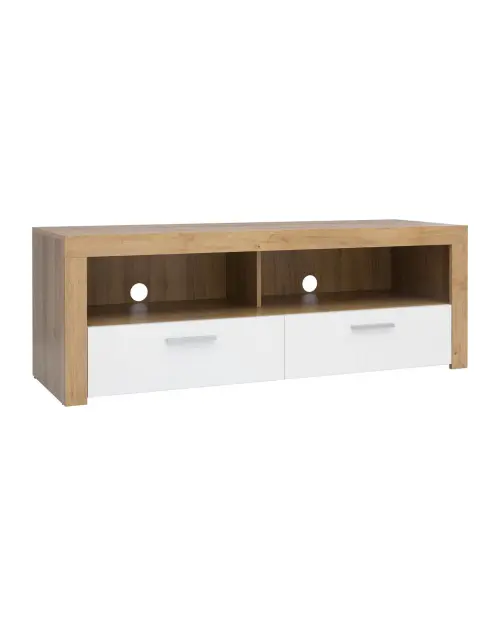 Mueble RTV Balder 135 cm con 2 cajones y un estante roble riviera/blanco brillo