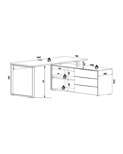 Escritorio de esquina Nevada 158x184x76  cm con 3 cajones y estante roble riviera