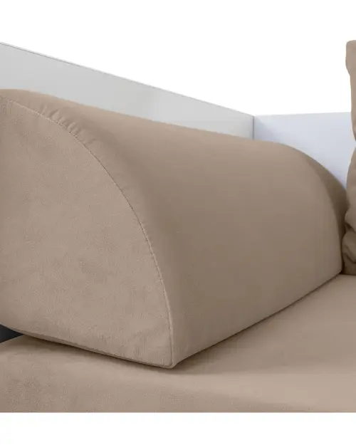 Cama extensible Tetrix blanco brillo 80-160x200 con contenedor colchón y cojines beige