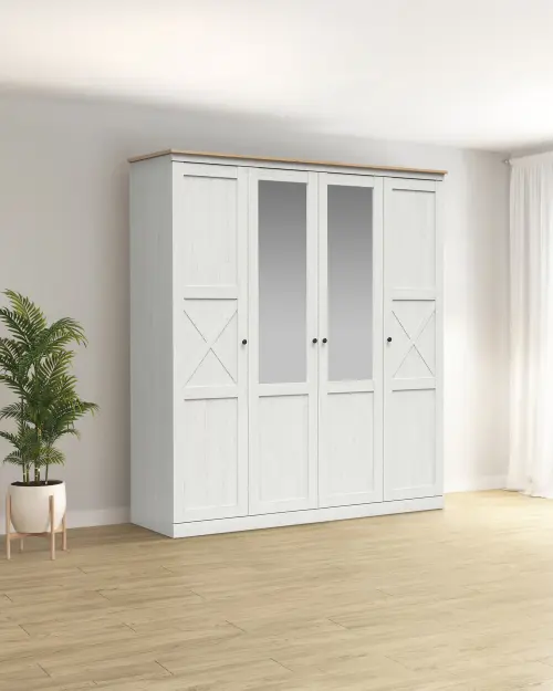 Armario de cuatro puertas Frija 203 cm con espejo pino andersen blanco