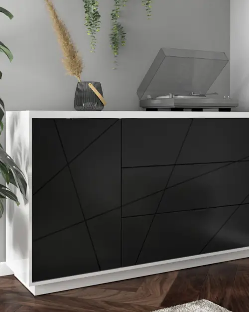 Cómoda Forn 156 cm con puertas y 3 cajones blanco brillo/negro mate