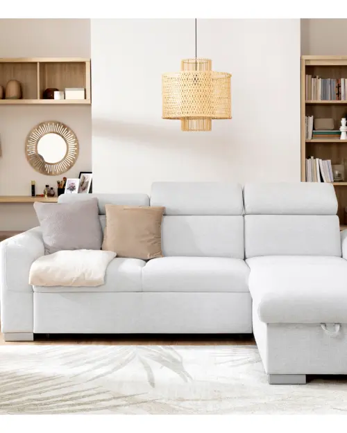 Universal corner sofa Evia with sleeping function, storage and adjustable headrests light gray