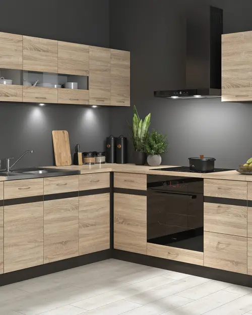 Conjunto de cocina de esquina Junona Line 220x240 izquierdo roble bernstein sin encimera