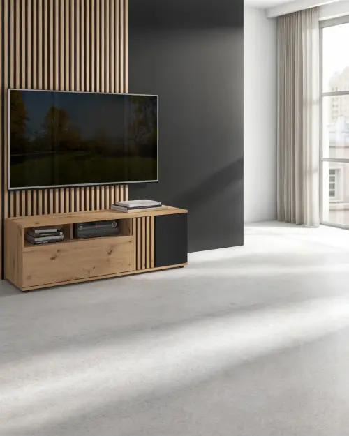 Mueble TV Vabres 135 cm con puertas y cajón roble artisan listones