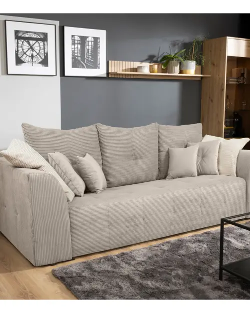 Sofá cama de tres plazas Royal IV convertible con arcón, pana, beige