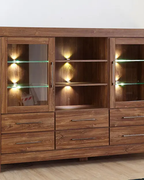 Cómoda Gent 166 cm vitrina con 2 puertas 6 cajones y 3 estantes roble stirling