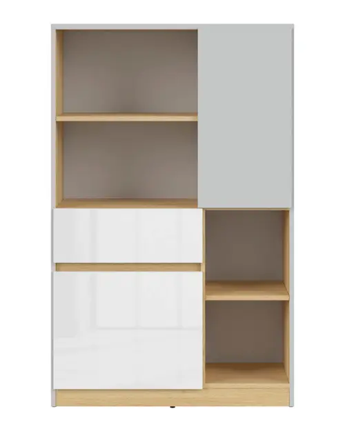 Cómoda Nandu 80 cm con 2 puertas 4 estantes y un cajón gris claro/roble polaco/blanco brillo