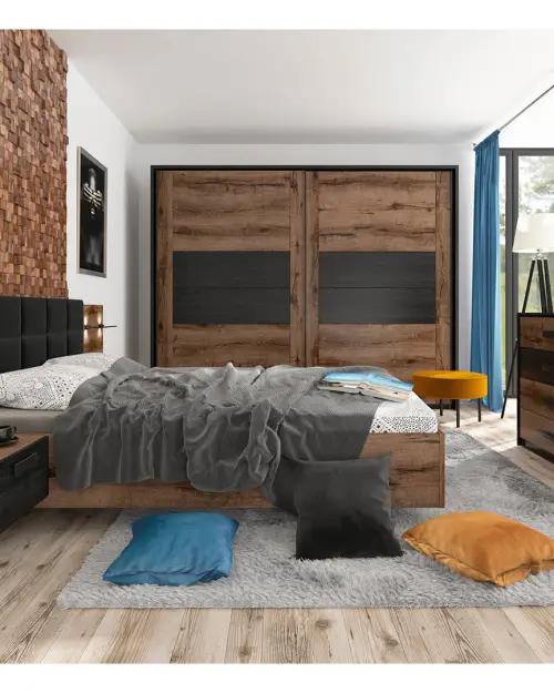 Cama Kassel 160x200 con somier y contenedor y 2 mesitas de noche roble monastery