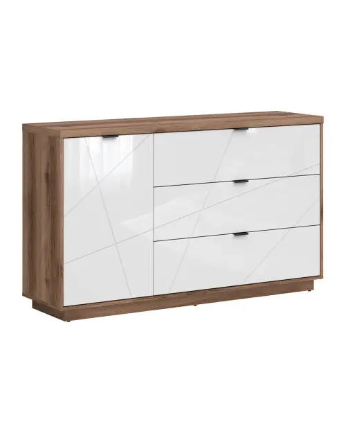 Cómoda Forn 156 cm con puertas y 3 cajones roble delano oscuro/blanco brillo