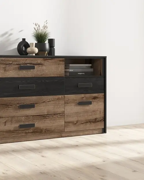 Cómoda Kassel 150 cm con puertas y 5 cajones roble monastery/roble negro