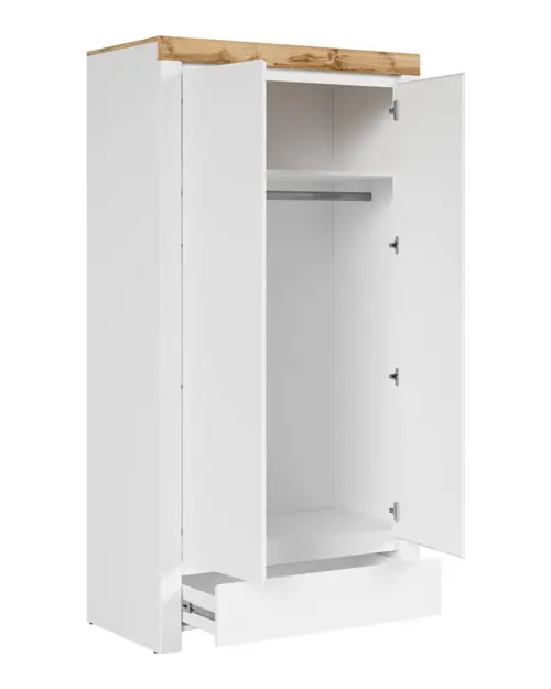 Armario de dos puertas Holten 106 cm con cajón blanco brillo/roble wotan