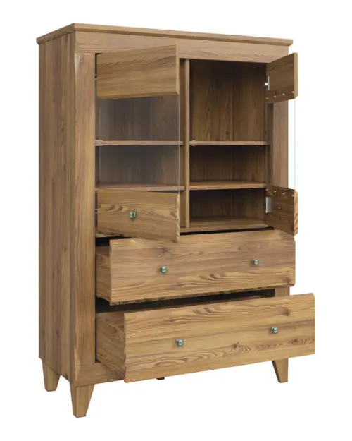 Vitrina Bergen 102 cm con 2 puertas y 2 cajones alerce sibiu dorado