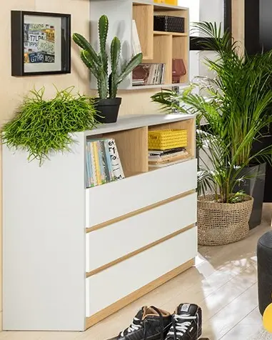 Cómoda Nandu 90 cm con 3 cajones y 2 estantes gris claro/roble polaco/blanco brillo