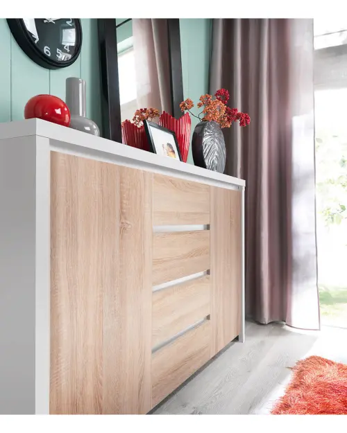 Комод Kaspian 144 см з 2 дверцятами і 4 шухлядами білий/дуб сонома
