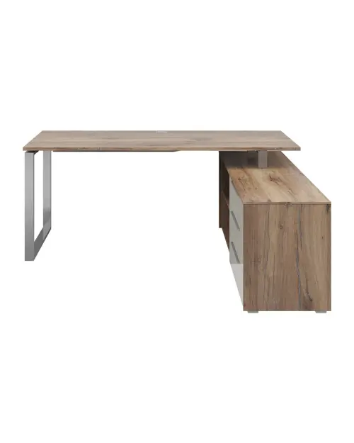 Escritorio de esquina Nevada 158x184 cm con 3 cajones y un estante roble flagstaff oscuro