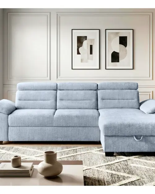 Угловой диван правосторонний Aguda раскладной с ящиком синий