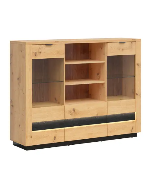 Vitrina Ostia 161 cm con 2 puertas 2 cajones y estantes roble artisan/roble negro