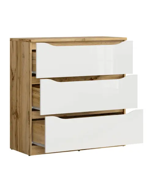 Cómoda Nuis 90 cm con 3 cajones roble wotan/blanco brillo
