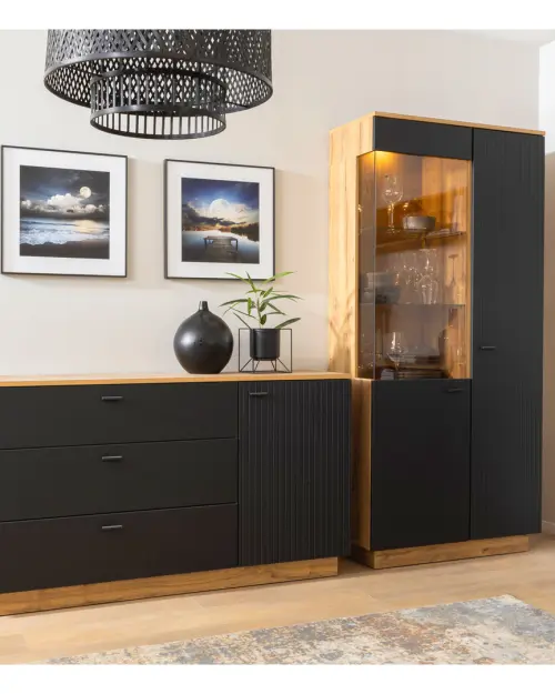 Cómoda Zenda 150 cm con puertas y 3 cajones roble waterford/negro