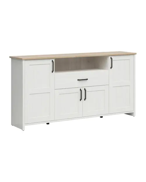 Cómoda Loksa 194 cm con 4 puertas, cajón y estante, pino andersen blanco/roble grandson
