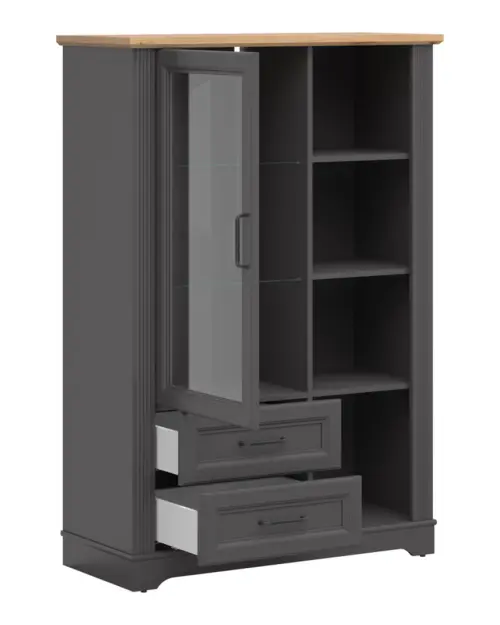 Vitrina Tolmin 100 cm con puertas y 2 cajones grafito/roble artisan