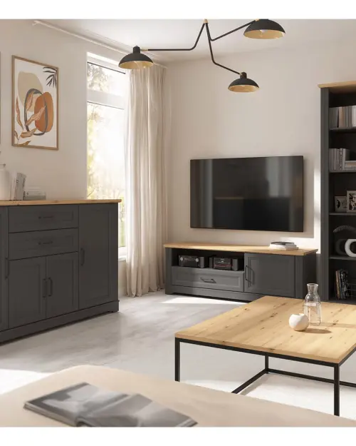 Mueble RTV Tolmin 150 cm con puertas y cajón grafito/roble artisan