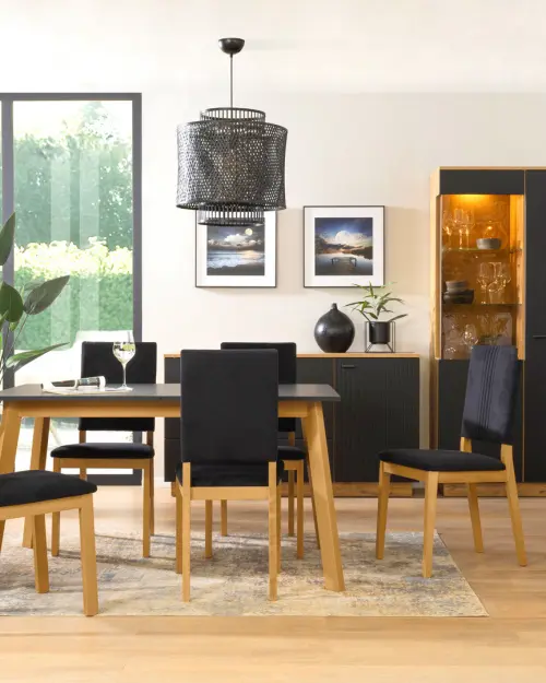 Cómoda Zenda 150 cm con puertas y 3 cajones roble waterford/negro