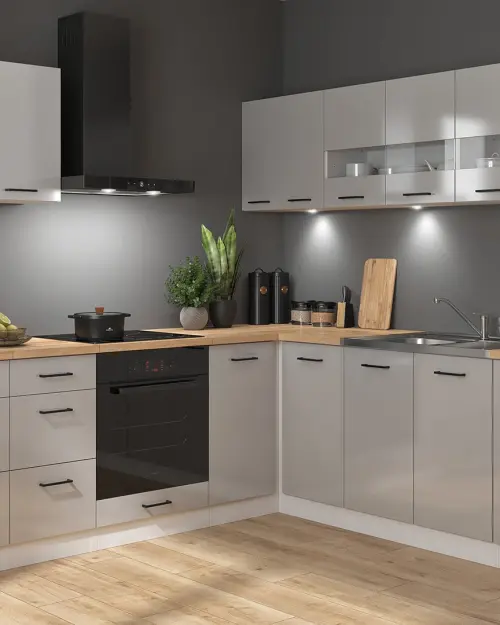 Conjunto de cocina rinconera Junona Line 220x240 gris claro brillo con encimera