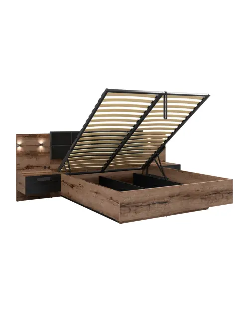 Cama Kassel 180x200 con somier, contenedor y 2 mesitas de noche roble monastery