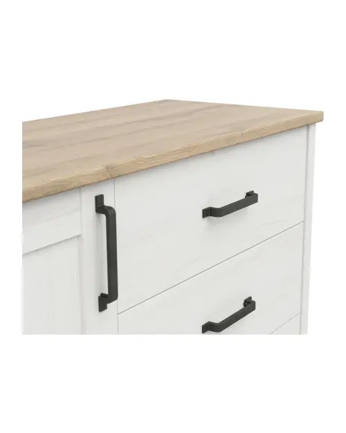 Cómoda Loksa 120 cm con puertas y 4 cajones pino blanco andersen/roble grandson