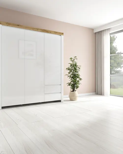 Armario de tres puertas Holten 180 cm con cajones blanco brillo/roble wotan