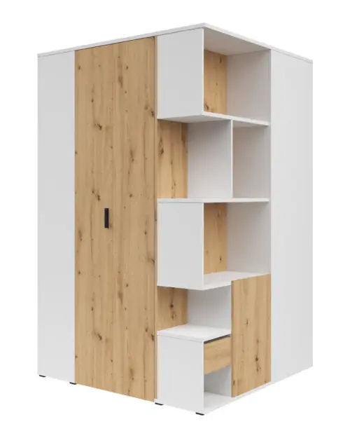 Armario de esquina izquierdo Homeland 136 cm vestidor con 2 puertas y 3 cajones blanco/roble artisan
