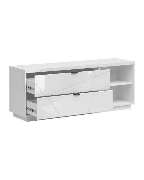 Mueble RTV Forn 156 cm con 2 cajones y estante blanco brillo