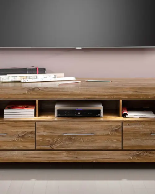 Mueble RTV Gent 200 cm con 3 cajones y estante roble stirling