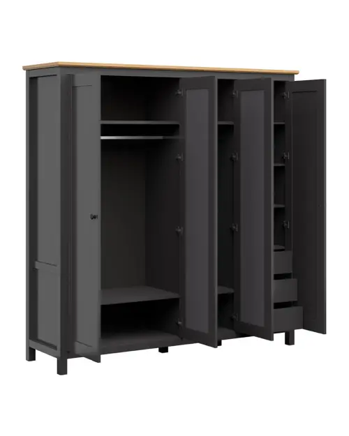 Armario de cuatro puertas Hesen 197 cm con espejo grafito/roble artisan