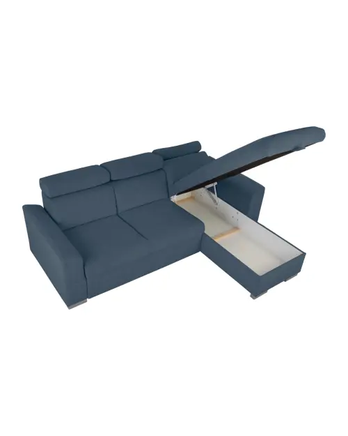 Uniwersalny narożnik Evia z funkcją spania, pojemnikiem na pościel i regulowanymi zagłówkami niebieski